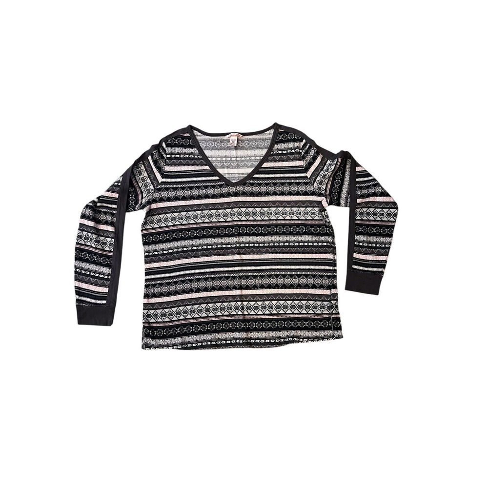 Victoria's Secret Thermal Top Women‎ XL Black Fair Isle Good V-Neck Waffle Knit